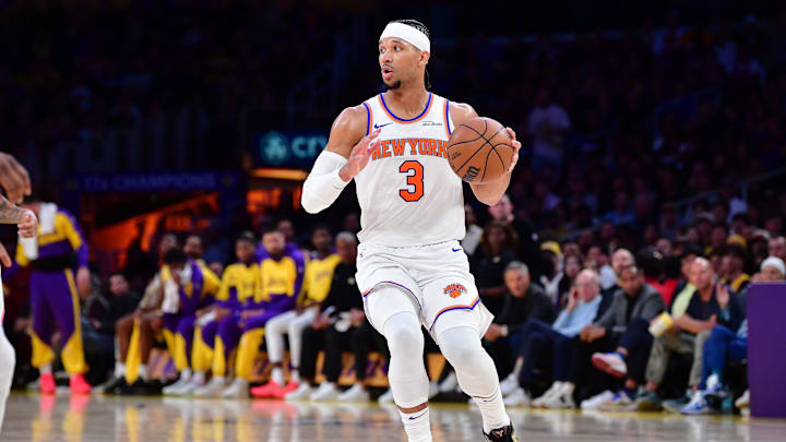 Mar 6, 2025; Los Angeles, California, USA; New York Knicks guard Josh Hart (3) controls the ball against the Los Angeles Lakers during the first half at Crypto.com Arena. Mandatory Credit: Gary A. Vasquez-Imagn Images