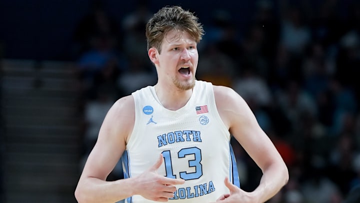 Mar 19, 2026; Greenville, SC, USA; North Carolina Tar Heels center Henri Veesaar (13) celebrates after a play against the VCU Rams in the first half of a first round game of the men's 2026 NCAA Tournament at Bon Secours Wellness Arena. Mandatory Credit: Bob Donnan-Imagn Images