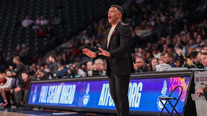 Jan 3, 2026; Atlanta, Georgia, USA; Georgia Tech Yellow Jackets head coach Damon Stoudamire on the sideline against the Boston College Eagles in the first half at McCamish Pavilion. Mandatory Credit: Brett Davis-Imagn Images