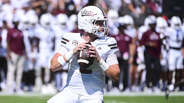 Sep 21, 2024; Starkville, Mississippi, USA; Mississippi State Bulldogs quarterback Blake Shapen (2) drops back to pass against the Florida Gators during the first quarter at Davis Wade Stadium at Scott Field. Mandatory Credit: Matt Bush-Imagn Images Sep 21, 2024; Starkville, Mississippi, USA; Mississippi State Bulldogs quarterback Blake Shapen (2) drops back to pass against the Florida Gators during the first quarter at Davis Wade Stadium at Scott Field. Mandatory Credit: Matt Bush-Imagn Images