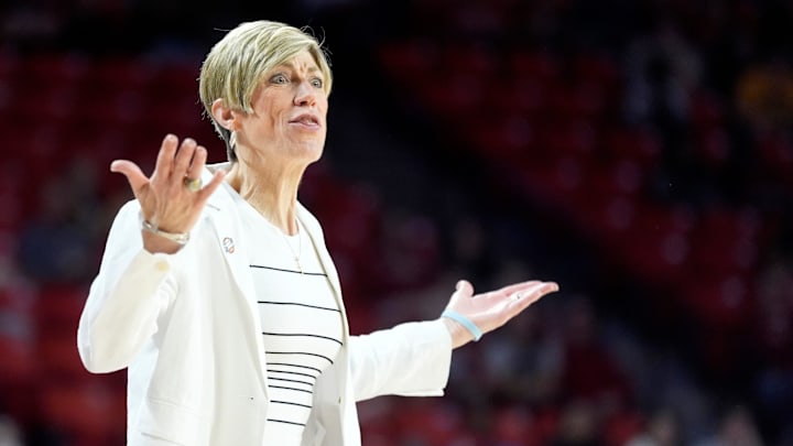 Iowa head women's baskeball coach Jan Jensen reacts during first half of the first round of the NCAA Women's college basketball game between Iowa and Murray State at the Lloyd Noble Center in Norman, Okla., Saturday, March, 22, 2025. Iowa head women's baskeball coach Jan Jensen reacts during first half of the first round of the NCAA Women's college basketball game between Iowa and Murray State at the Lloyd Noble Center in Norman, Okla., Saturday, March, 22, 2025.