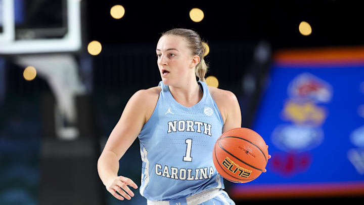 Nov 25, 2024; Paradise Island, Bahamas, BHS; North Carolina Tar Heels guard Alyssa Ustby (1) dribbles during the second half against the Indiana Hoosiers at the Atlantis Resort. Mandatory Credit: Kevin Jairaj-Imagn Images Nov 25, 2024; Paradise Island, Bahamas, BHS; North Carolina Tar Heels guard Alyssa Ustby (1) dribbles during the second half against the Indiana Hoosiers at the Atlantis Resort. Mandatory Credit: Kevin Jairaj-Imagn Images