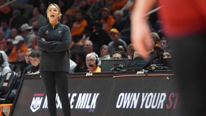 Tennessee head coach Kim Caldwell on the sidelines during a women's college basketball game between the Lady Vols and Alabama at Thompson-Boling Arena at Food City Center in Knoxville on Thursday, February 20, 2025.
