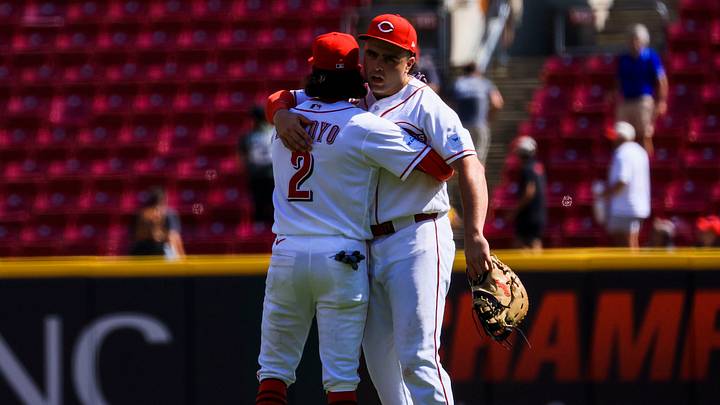 Sep 2, 2026; Cincinnati, Ohio, USA; Cincinnati Reds third baseman Edwin Arroyo (2) hugs first baseman Sal Stewart (27) after the victory over the San Diego Padres at Great American Ball Park. Mandatory Credit: Katie Stratman-Imagn Images Sep 2, 2026; Cincinnati, Ohio, USA; Cincinnati Reds third baseman Edwin Arroyo (2) hugs first baseman Sal Stewart (27) after the victory over the San Diego Padres at Great American Ball Park. Mandatory Credit: Katie Stratman-Imagn Images