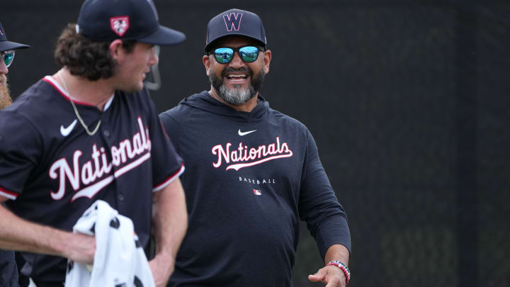 Feb 16, 2024; West Palm Beach, FL, USA; Washington Nationals manager Dave Martinez, right, has a laugh following workouts at spring training. Mandatory Credit: Jim Rassol-USA TODAY SportsMandatory Credit: Jim Rassol-USA TODAY Sports Feb 16, 2024; West Palm Beach, FL, USA; Washington Nationals manager Dave Martinez, right, has a laugh following workouts at spring training. Mandatory Credit: Jim Rassol-USA TODAY SportsMandatory Credit: Jim Rassol-USA TODAY Sports