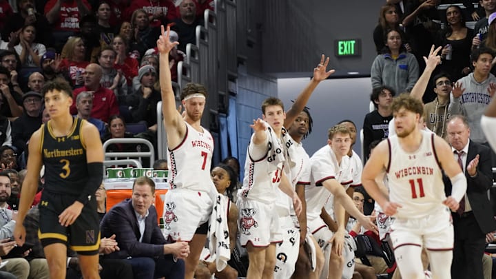 Feb 1, 2025; Evanston, Illinois, USA; The Wisconsin Badgers celebrate a three point basket against the Northwestern Wildcats during the second half at Welsh-Ryan Arena. Mandatory Credit: David Banks-Imagn Images
