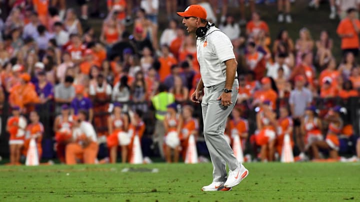 Clemson Tigers head coach Dabo Swinney yells down field Saturday, Sept. 6, 2025 during the NCAA football game against the Troy Trojans at Memorial Stadium in Clemson, South Carolina.