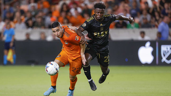 Aug 31, 2022; Houston, Texas, USA; Houston Dynamo FC midfielder Matias Vera (22) and Los Angeles FC