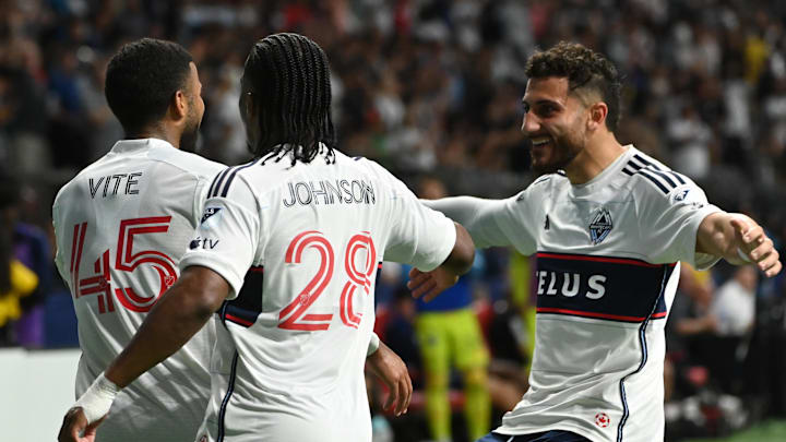 Aug 3, 2024; Vancouver, British Columbia, CAN;  Vancouver Whitecaps FC midfielder Pedro Vite (45) celebrates a goal during the second half against Club Tijuana at BC Place. Mandatory Credit: Simon Fearn-USA TODAY Sports