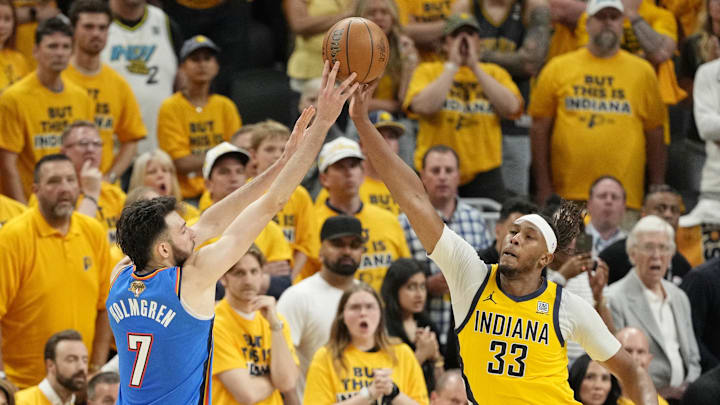Jun 11, 2025; Indianapolis, Indiana, USA; Indiana Pacers center Myles Turner (33) blocks the shot of Oklahoma City Thunder forward Chet Holmgren (7) during the second half during game three of the 2025 NBA Finals at Gainbridge Fieldhouse. Mandatory Credit: Kyle Terada-Imagn Images