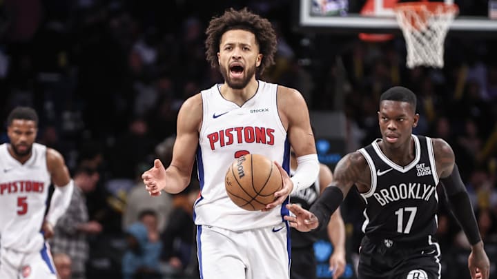 Nov 3, 2024; Brooklyn, New York, USA; Detroit Pistons guard Cade Cunningham (2) reacts after being called for a turnover in the fourth quarter against the Brooklyn Nets at Barclays Center. Mandatory Credit: Wendell Cruz-Imagn Images Nov 3, 2024; Brooklyn, New York, USA; Detroit Pistons guard Cade Cunningham (2) reacts after being called for a turnover in the fourth quarter against the Brooklyn Nets at Barclays Center. Mandatory Credit: Wendell Cruz-Imagn Images
