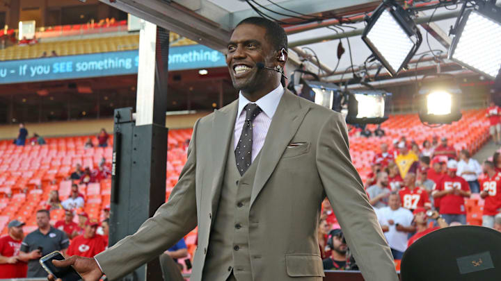 Oct 2, 2017; Kansas City, MO, USA; Former NFL wide receiver and ESPN broadcaster Randy Moss reacts before the game between the Washington Redskins and the Kansas City Chiefs at Arrowhead Stadium. Mandatory Credit: Jay Biggerstaff-Imagn Images