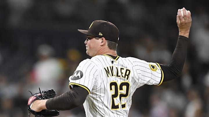 Sep 11, 2025; San Diego, California, USA; San Diego Padres relief pitcher Mason Miller (22) throws during the eighth inning against the Colorado Rockies at Petco Park. Sep 11, 2025; San Diego, California, USA; San Diego Padres relief pitcher Mason Miller (22) throws during the eighth inning against the Colorado Rockies at Petco Park.
