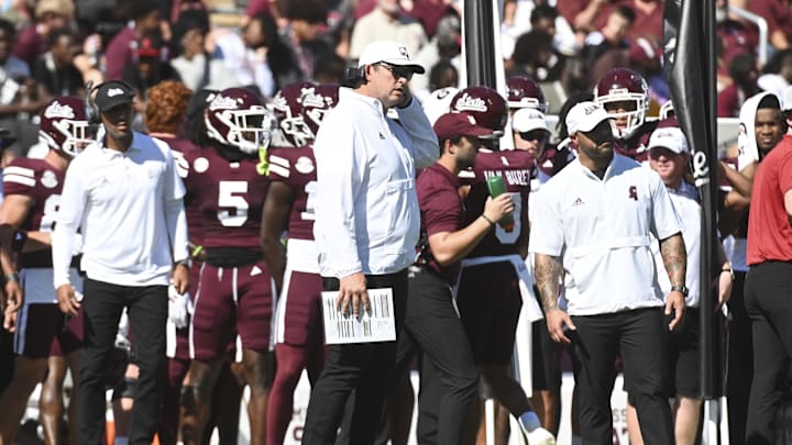 Oct 26, 2024; Starkville, Mississippi, USA; Mississippi State Bulldogs head coach Jeff Lebby stands on the sideline after a play during the first quarter of the game against the Arkansas Razorbacks at Davis Wade Stadium at Scott Field. Mandatory Credit: Matt Bush-Imagn Images Oct 26, 2024; Starkville, Mississippi, USA; Mississippi State Bulldogs head coach Jeff Lebby stands on the sideline after a play during the first quarter of the game against the Arkansas Razorbacks at Davis Wade Stadium at Scott Field. Mandatory Credit: Matt Bush-Imagn Images