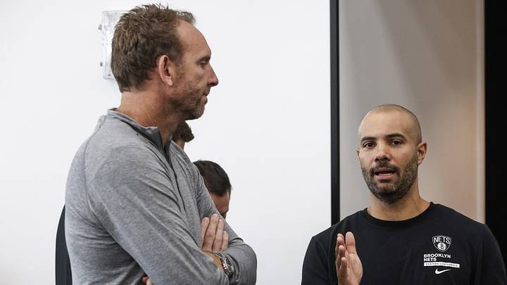 Sep 30, 2024; Brooklyn, NY, USA; Brooklyn Nets General Manager Sean Marks (left) speaks to head coach Jordi Fernandez (right) during media day at HSS Training Center. Mandatory Credit: Wendell Cruz-Imagn Images Sep 30, 2024; Brooklyn, NY, USA; Brooklyn Nets General Manager Sean Marks (left) speaks to head coach Jordi Fernandez (right) during media day at HSS Training Center. Mandatory Credit: Wendell Cruz-Imagn Images