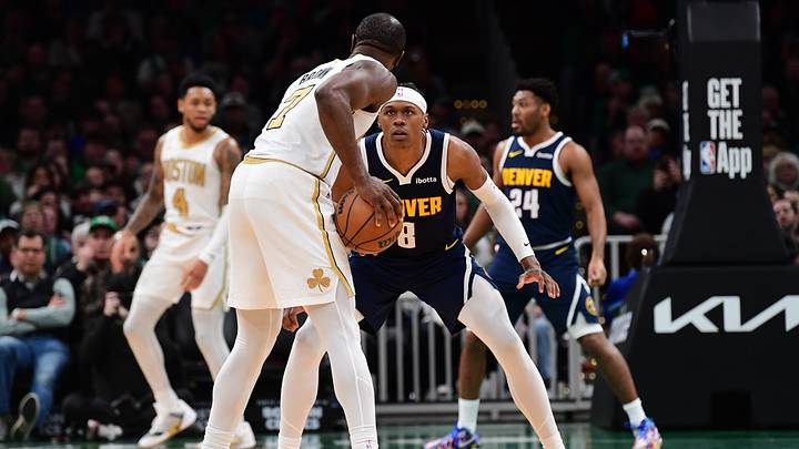 Jan 7, 2026; Boston, Massachusetts, USA; Denver Nuggets guard Peyton Watson (8) defends Boston Celtics guard Jaylen Brown (7) during the second half at TD Garden. Mandatory Credit: Bob DeChiara-Imagn Images Jan 7, 2026; Boston, Massachusetts, USA; Denver Nuggets guard Peyton Watson (8) defends Boston Celtics guard Jaylen Brown (7) during the second half at TD Garden. Mandatory Credit: Bob DeChiara-Imagn Images