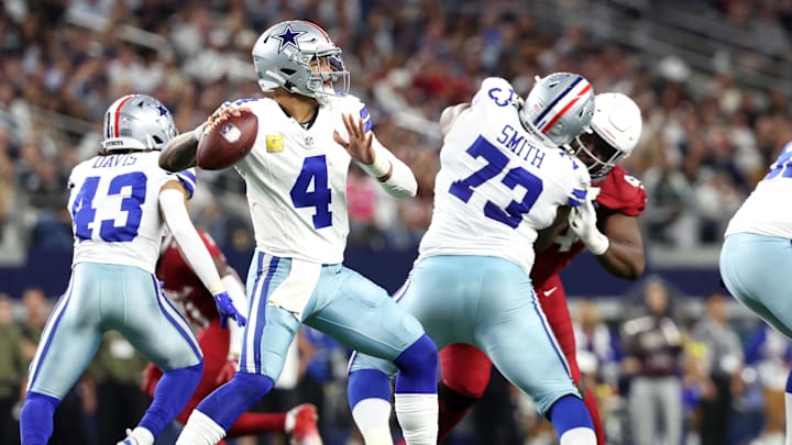 Nov 3, 2025; Arlington, Texas, USA;  Dallas Cowboys quarterback Dak Prescott (4) looks to pass against the Arizona Cardinals in the second half at AT&T Stadium. Mandatory Credit: Kevin Jairaj-Imagn Images