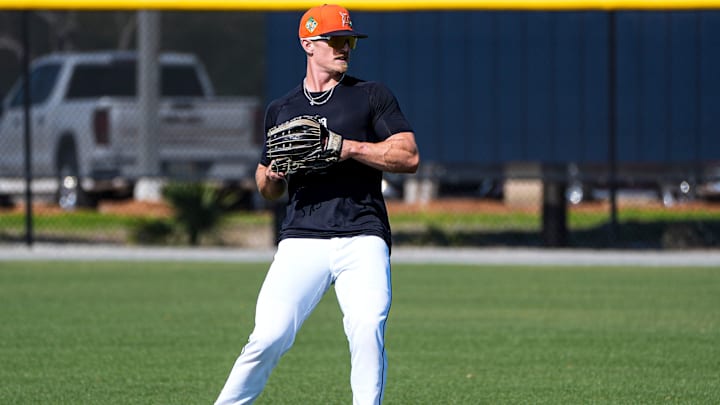 Detroit Tigers outfielder Ben Malgeri practices during spring training at TigerTown in Lakeland, Fla. on Thursday, Feb. 19, 2026.