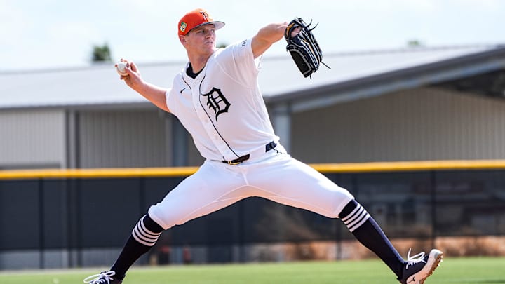 Detroit Tigers pitcher Troy Melton throws at live batting practice during spring training at TigerTown in Lakeland, Fla. on Sunday, Feb. 15, 2026.