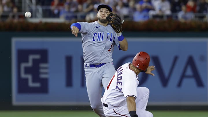 Aug 15, 2022; Washington, District of Columbia, USA; Chicago Cubs second baseman Nick Madrigal (1) Aug 15, 2022; Washington, District of Columbia, USA; Chicago Cubs second baseman Nick Madrigal (1)