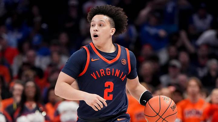 Mar 14, 2026; Charlotte, NC, USA; Virginia Cavaliers guard Chance Mallory (2) dribbles the ball against the Duke Blue Devils during the men's ACC Conference Tournament Championship at Spectrum Center. Mandatory Credit: Bob Donnan-Imagn Images