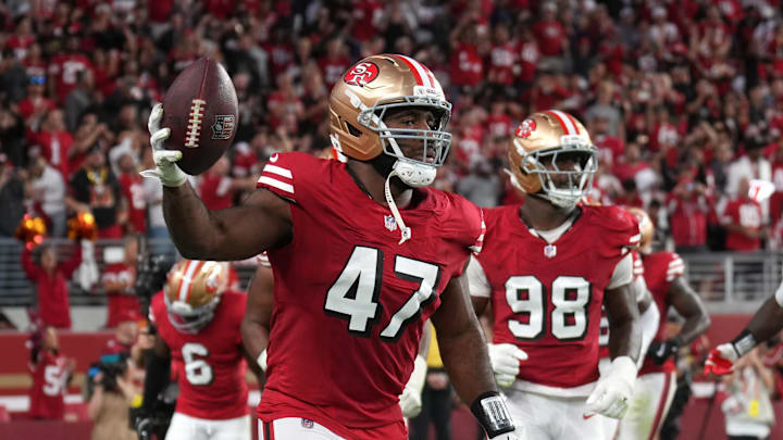 Oct 19, 2025; Santa Clara, California, USA; San Francisco 49ers defensive end Bryce Huff (47) celebrates after a fumble recovery against the Atlanta Falcons during the second quarter at Levi's Stadium. Mandatory Credit: Darren Yamashita-Imagn Images