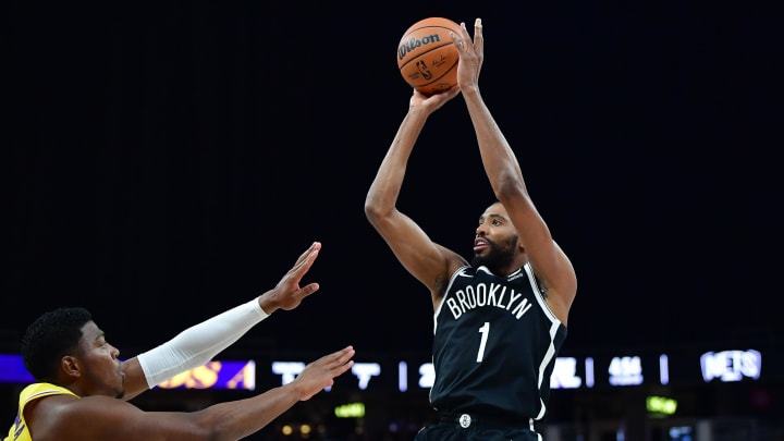 Oct 9, 2023; Las Vegas, Nevada, USA; Brooklyn Nets forward Mikal Bridges (1) shoots against Los Angeles Lakers forward Rui Hachimura (28) during the first half at T-Mobile Arena. Mandatory Credit: Gary A. Vasquez-USA TODAY Sports Oct 9, 2023; Las Vegas, Nevada, USA; Brooklyn Nets forward Mikal Bridges (1) shoots against Los Angeles Lakers forward Rui Hachimura (28) during the first half at T-Mobile Arena. Mandatory Credit: Gary A. Vasquez-USA TODAY Sports