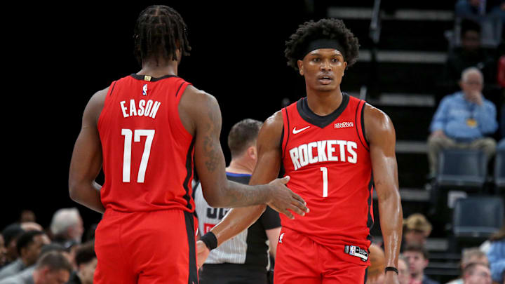 Mar 27, 2026; Memphis, Tennessee, USA; Houston Rockets guard Amen Thompson (1) reacts with forward Tari Eason (17) during the second quarter against the Memphis Grizzlies at FedExForum. Mandatory Credit: Petre Thomas-Imagn Images Mar 27, 2026; Memphis, Tennessee, USA; Houston Rockets guard Amen Thompson (1) reacts with forward Tari Eason (17) during the second quarter against the Memphis Grizzlies at FedExForum. Mandatory Credit: Petre Thomas-Imagn Images