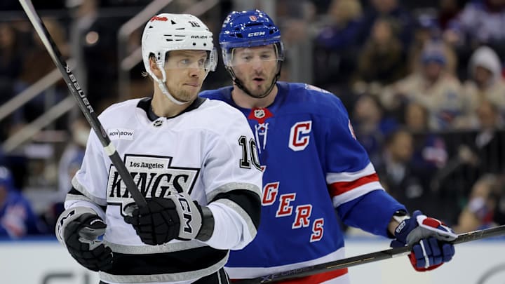 Mar 16, 2026; New York, New York, USA; New York Rangers left wing J.T. Miller (8) talks to Los Angeles Kings left wing Artemi Panarin (10) as he skates by during the third period at Madison Square Garden. Mandatory Credit: Brad Penner-Imagn Images