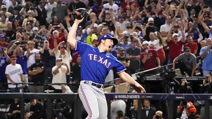 Texas Rangers relief pitcher Josh Sborz (66) celebrates after beating the Arizona Diamondbacks to win the World Series in game five of the 2023 World Series at Chase Field in Phoenix on Nov. 1, 2023. Texas Rangers relief pitcher Josh Sborz (66) celebrates after beating the Arizona Diamondbacks to win the World Series in game five of the 2023 World Series at Chase Field in Phoenix on Nov. 1, 2023.