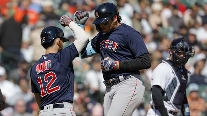 Apr 9, 2023; Detroit, Michigan, USA;  Boston Red Sox first baseman Triston Casas (36) receives