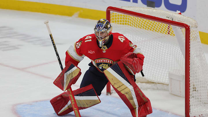 Feb 29, 2024; Sunrise, Florida, USA; Florida Panthers goaltender Anthony Stolarz (41) defends his