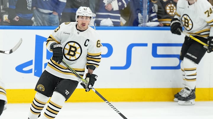 Apr 27, 2024; Toronto, Ontario, CAN; Boston Bruins left wing Brad Marchand (63) skates during the warmup before game four of the first round of the 2024 Stanley Cup Playoffs against the Toronto Maple Leafs at Scotiabank Arena. Mandatory Credit: Nick Turchiaro-Imagn Images