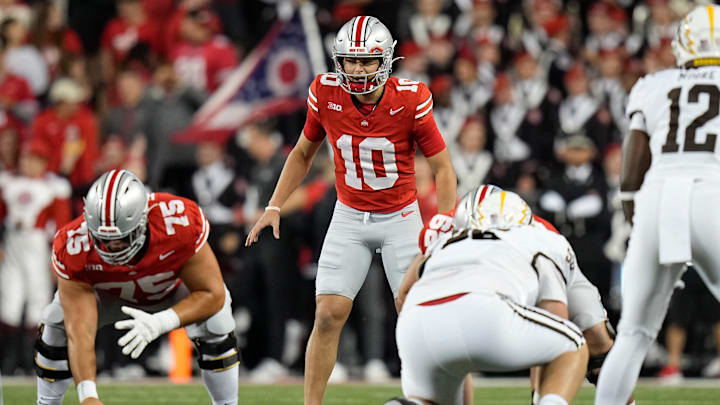 Sep 7, 2024; Columbus, Ohio, USA; Ohio State Buckeyes quarterback Julian Sayin (10) takes a snap during the second half of the NCAA football game against the Western Michigan Broncos at Ohio Stadium.
