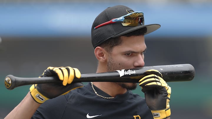 Jul 17, 2023; Pittsburgh, Pennsylvania, USA;  Pittsburgh Pirates shortstop Tucupita Marcano (30) at the batting cage before the game against the Cleveland Guardians at PNC Park. Mandatory Credit: Charles LeClaire-USA TODAY Sports