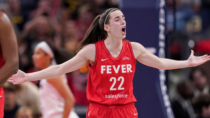 Indiana Fever guard Caitlin Clark (22) yells to the referee Thursday, June 13, 2024, during the game at Gainbridge Fieldhouse in Indianapolis. 