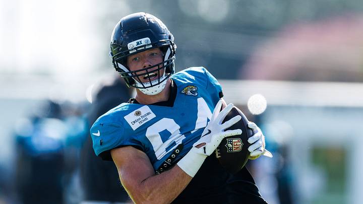 Aug 13, 2026; Metairie, LA, USA; Jacksonville Jaguars tight end Hunter Long (84) against the New Orleans Saints during a joint scrimmage during at Ochsner Sports Performance Center. Mandatory Credit: Stephen Lew-Imagn Images Aug 13, 2026; Metairie, LA, USA; Jacksonville Jaguars tight end Hunter Long (84) against the New Orleans Saints during a joint scrimmage during at Ochsner Sports Performance Center. Mandatory Credit: Stephen Lew-Imagn Images