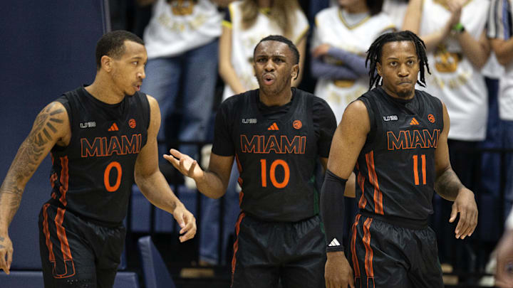 Jan 25, 2025; Berkeley, California, USA; Miami Hurricanes guard Paul Djobet (10) reacts after he was called for a foul against the California Golden Bears during the first half at Haas Pavilion. Mandatory Credit: D. Ross Cameron-Imagn Images