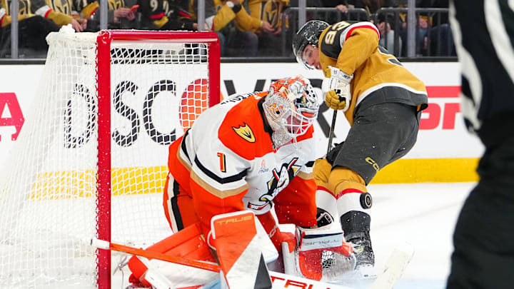 May 12, 2026; Las Vegas, Nevada, USA; Anaheim Ducks goaltender Lukas Dostal (1) makes a save against Vegas Golden Knights right wing Mitch Marner (93) during the first period of game five of the second round of the 2026 Stanley Cup Playoffs at T-Mobile Arena. Mandatory Credit: Stephen R. Sylvanie-Imagn Images