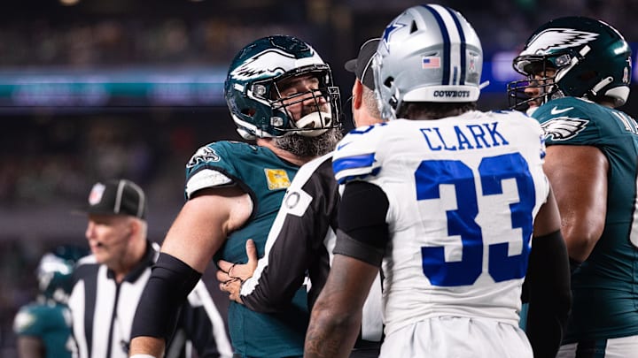 Philadelphia Eagles center Jason Kelce has words with Dallas Cowboys linebacker Damone Clark at Lincoln Financial Field. 