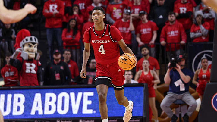 Jan 9, 2025; Piscataway, New Jersey, USA; Rutgers Scarlet Knights guard Ace Bailey (4) dribbles up court during the second half against the Purdue Boilermakers at Jersey Mike's Arena. Mandatory Credit: Vincent Carchietta-Imagn Images