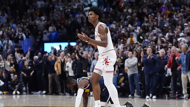 Dec 15, 2025; Denver, Colorado, USA; Houston Rockets guard Amen Thompson (1) reacts to his tripping foul on Denver Nuggets guard Tim Hardaway Jr. (10) in the fourth quarter at Ball Arena. Mandatory Credit: Ron Chenoy-Imagn Images Dec 15, 2025; Denver, Colorado, USA; Houston Rockets guard Amen Thompson (1) reacts to his tripping foul on Denver Nuggets guard Tim Hardaway Jr. (10) in the fourth quarter at Ball Arena. Mandatory Credit: Ron Chenoy-Imagn Images