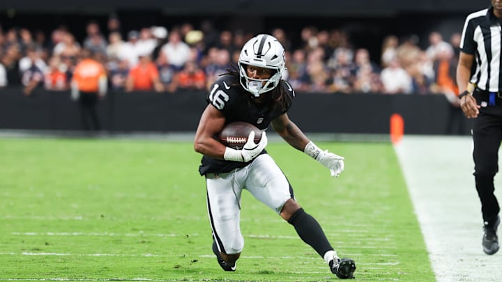Sep 28, 2025; Paradise, Nevada, USA; Former Las Vegas Raiders wide receiver Jakobi Meyers (16) runs the ball during the second half against the Chicago Bears at Allegiant Stadium. Mandatory Credit: Kiyoshi Mio-Imagn Images