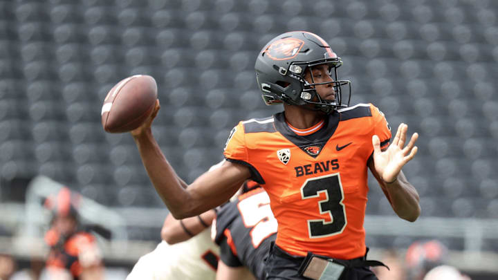 Oregon State quarterback Aidan Chiles (3) passes the ball during the spring showcase at Reser