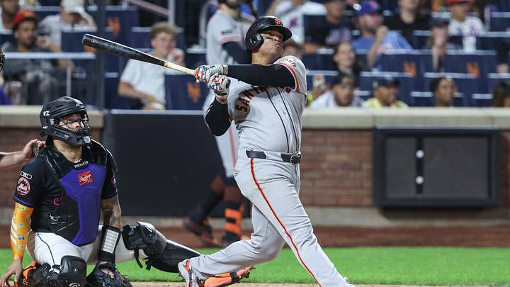 Sep 4, 2026; New York City, New York, USA;  San Francisco Giants first baseman Rafael Devers (16) hits a three run home run in the eighth inning against the New York Mets at Citi Field.  Mandatory Credit: Wendell Cruz-Imagn Images