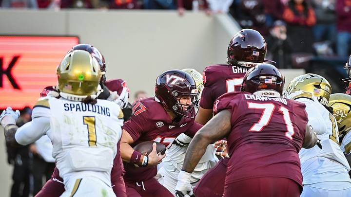 Oct 17, 2026; Blacksburg, Va.; Virginia Tech quarterback Ethan Grunkemeyer (17) looks for somewhere to go as the pocket collapses.