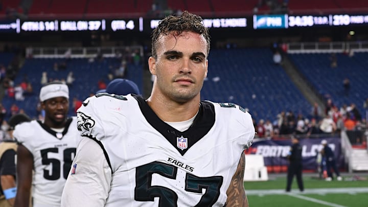 Aug 15, 2024; Foxborough, MA, USA; Philadelphia Eagles linebacker Ben VanSumeren (57) leaves the field after a game against the New England Patriots at Gillette Stadium. Mandatory Credit: Eric Canha-Imagn Images