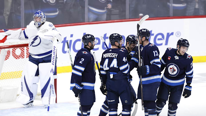 Jan 2, 2024; Winnipeg, Manitoba, CAN; Winnipeg Jets left wing Nikolaj Ehlers (27) celebrates his