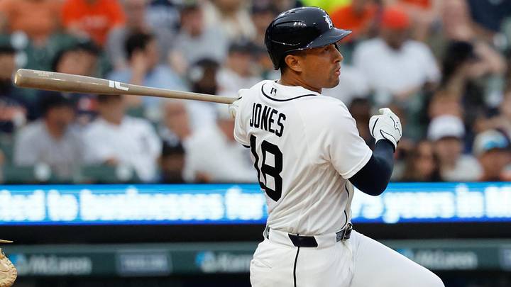 May 26, 2026; Detroit, Michigan, USA; Detroit Tigers designated hitter Jahmai Jones (18) hits an RBI single in the fifth inning against the Los Angeles Angels at Comerica Park. Mandatory Credit: Rick Osentoski-Imagn Images May 26, 2026; Detroit, Michigan, USA; Detroit Tigers designated hitter Jahmai Jones (18) hits an RBI single in the fifth inning against the Los Angeles Angels at Comerica Park. Mandatory Credit: Rick Osentoski-Imagn Images