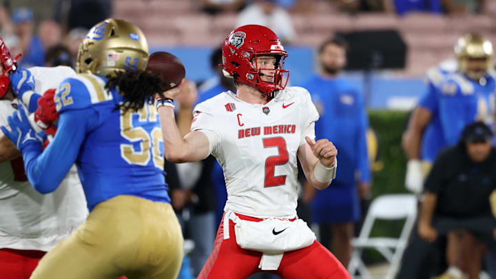 Sep 12, 2025; Pasadena, California, USA;  New Mexico Lobos quarterback Jack Layne (2) throws a pass during the second quarter against the UCLA Bruins at Rose Bowl. Mandatory Credit: Kiyoshi Mio-Imagn Images